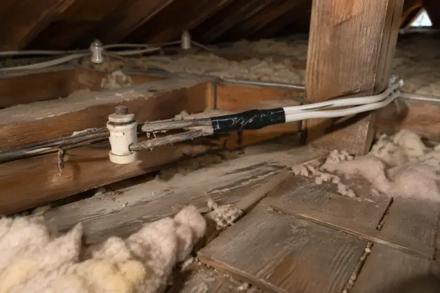 Knob and tube wiring replacement underway in a Tempe, AZ attic with old ceramic insulators and modern copper Romex.