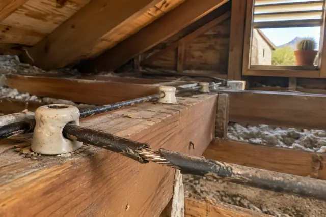 Attic progress photo of knob and tube wiring replacement in Phoenix, AZ, showing vintage ceramic insulators.