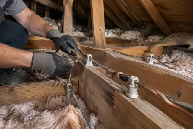 Technician removing old knob and tube wiring during whole house rewiring in a Chandler, AZ attic.