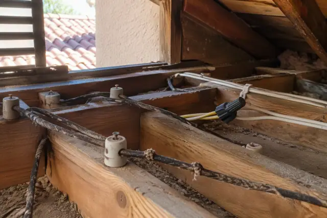 Attic knob and tube wiring replacement with new NM-B cable splice in Phoenix, AZ.