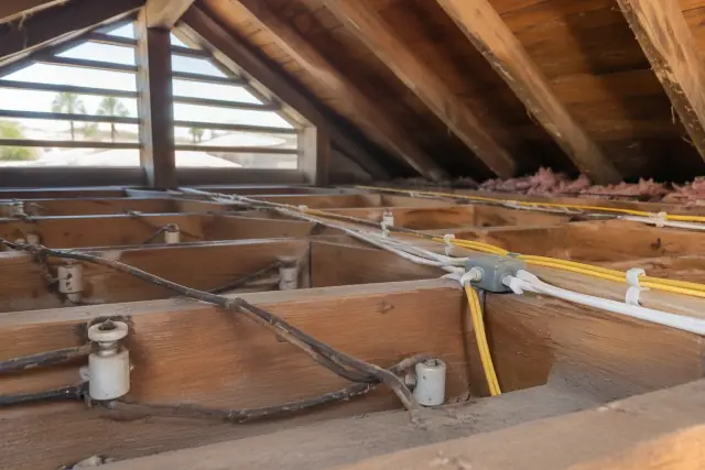 Knob and tube wiring replacement and modern rewiring in an attic in Gilbert, AZ.