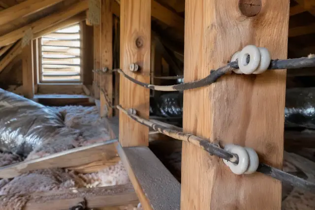 Knob and tube wiring replacement in an attic in Peoria, AZ, showing vintage ceramic insulators and old conductors.