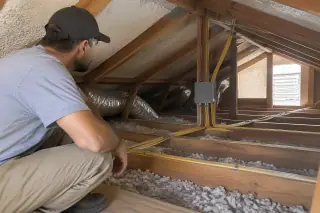 Service professional observing the clean result of knob and tube wiring replacement in Phoenix, AZ.