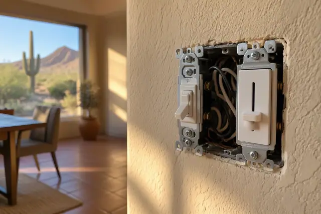 Electrician installing a light switch and dimmer in a Phoenix, AZ home.
