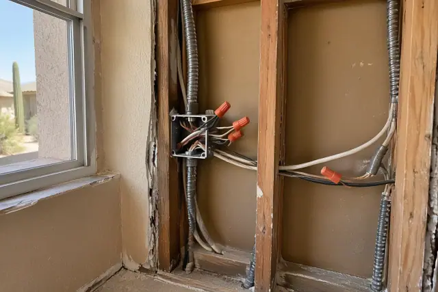 Contractor photo of wiring replacement with exposed copper and wire connectors in Phoenix, AZ.
