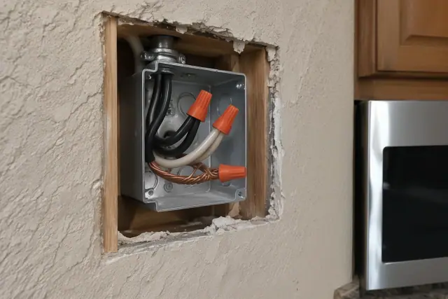 Exposed copper wiring in a residential junction box during a microwave circuit installation in Phoenix, AZ.