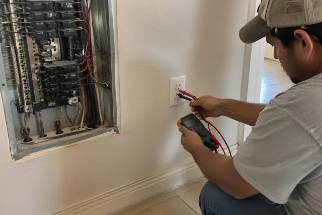 Technician testing a residential electrical outlet with a digital multimeter in Phoenix, AZ.