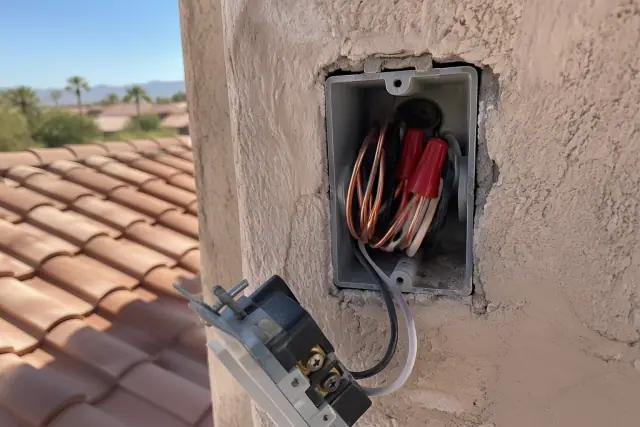Copper wires in an electrical junction box during an outlet installation on a stucco wall in Phoenix, AZ.