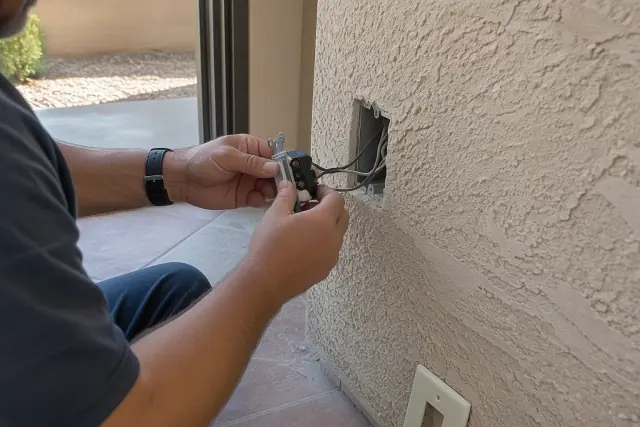 Electrical testing equipment near a stucco wall and tile floor in a Phoenix, AZ home.