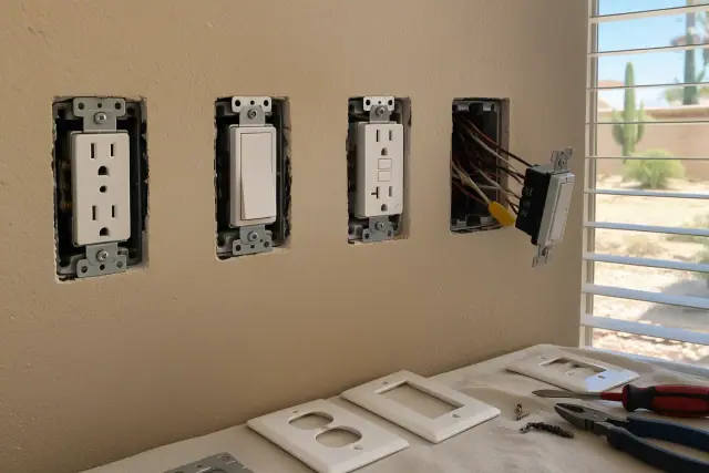 Contractor photo of electrical outlet and switch upgrades for aluminum wiring replacement in Phoenix, AZ.