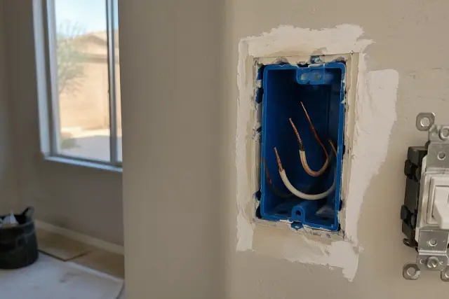 Drywall cutout revealing a blue electrical box and bare wires for a switch installation in Peoria, AZ.