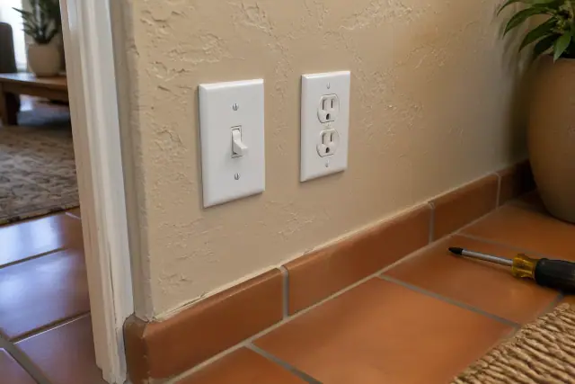 Toggle switch and duplex outlet installation in a Phoenix, AZ home with a screwdriver.