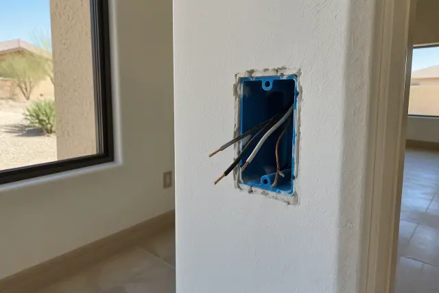 Drywall cutout showing a blue electrical box and bare copper wires during a whole house rewiring in Surprise, AZ.