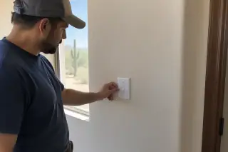 Service professional inspecting a completed toggle switch on a stucco wall in Phoenix, AZ.