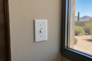 Completed toggle switch installation on a beige stucco interior wall in Phoenix, AZ.