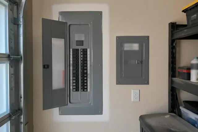 Completed electrical panel and circuit breaker upgrade in a Phoenix, AZ garage.