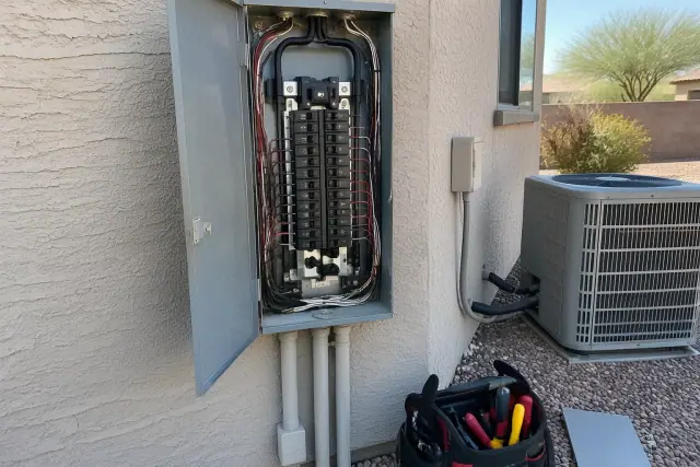 Contractor performing an electrical panel safety inspection on a stucco wall in Phoenix, AZ.