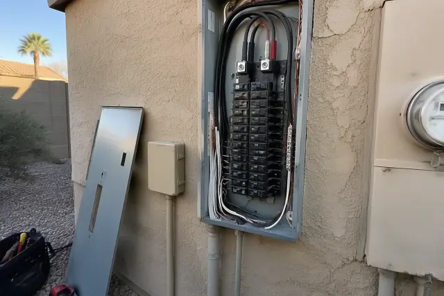 Electrical panel upgrade and breaker replacement on a stucco wall in Phoenix, AZ.