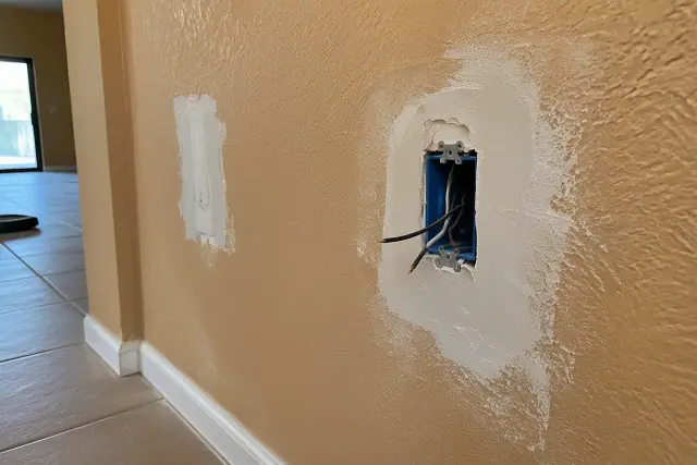 Drywall cutout with joint compound patches over a Phoenix, AZ electrical box.