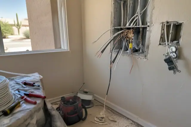 Technician pulling wires during aluminum wiring replacement in a Phoenix, AZ home.