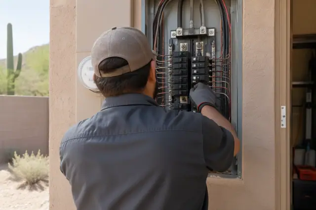 Whole House Rewiring professional working at an open electrical panel in Phoenix, AZ.