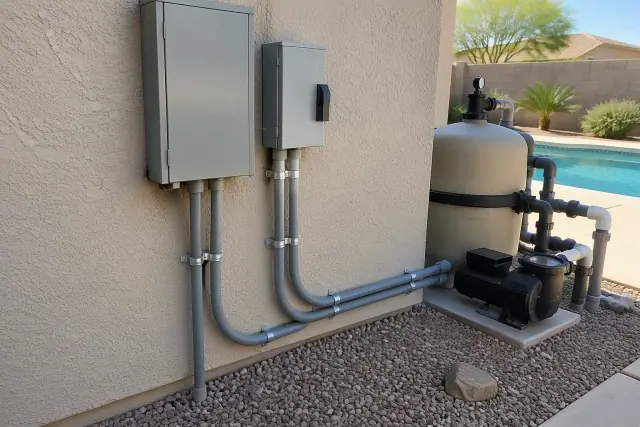 Pool pump circuits connected with heavy-duty conduit on a home exterior in Phoenix, AZ.