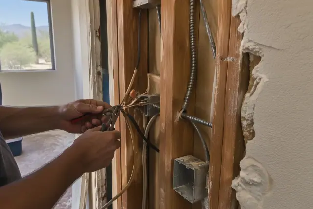 Old metal conductor cables being extracted from an open wall in Phoenix, AZ.