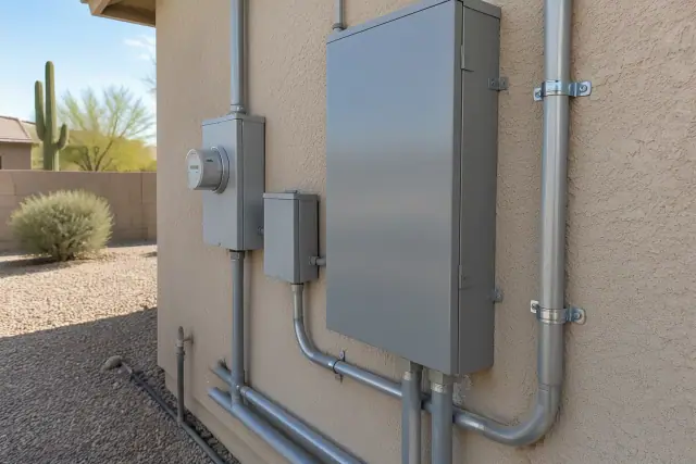 New electrical panel upgrade and rewiring on a stucco wall in Phoenix, AZ.