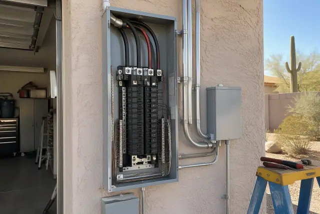 New electrical panel and conduit on a stucco garage wall in Phoenix, AZ.
