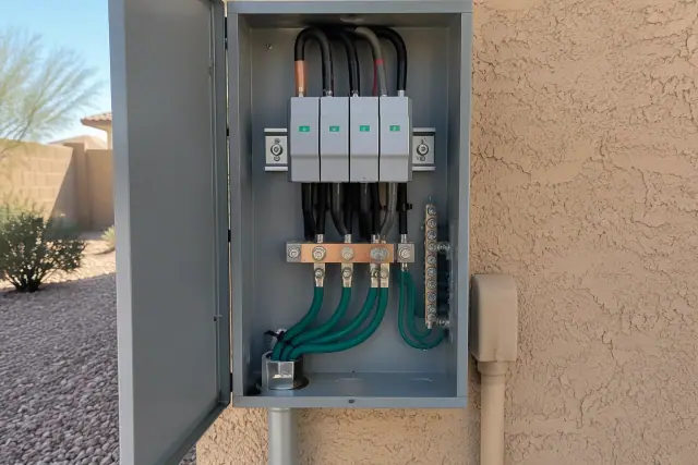 Status indicators and replaceable modules for whole-home surge protection in Phoenix, AZ.