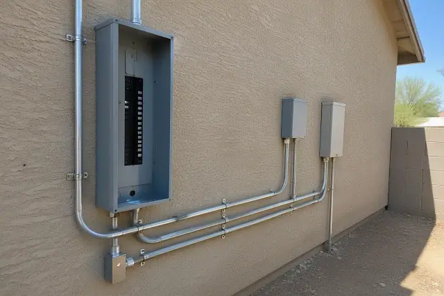 Surface-mounted conduit secured with metal straps along a stucco wall in Phoenix, AZ.