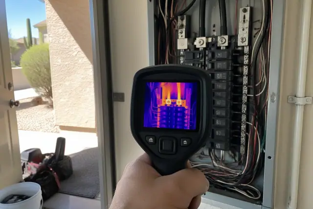 Technician using a thermal camera for electrical diagnostics at a home in Phoenix, AZ.