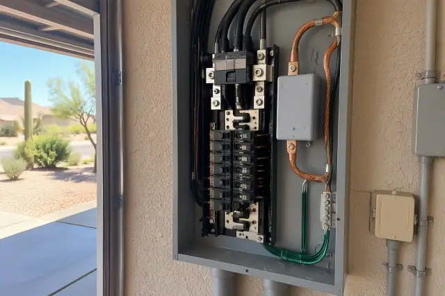 Whole home surge protector wired to a main service box on a garage wall in Phoenix, AZ.