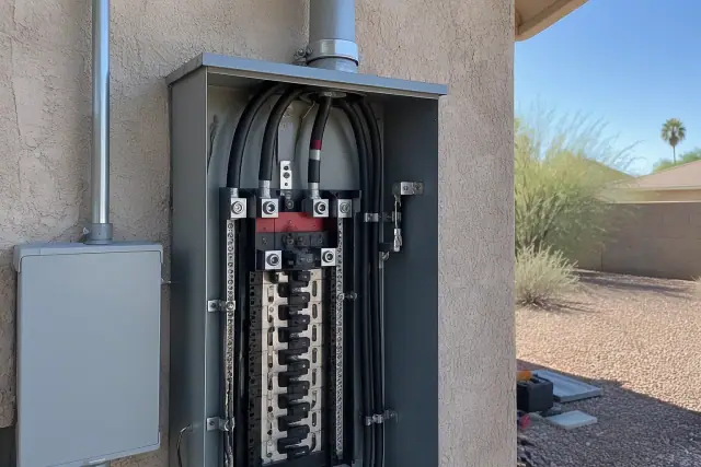 Electrical panel upgrade from 100 to 200 amps on a stucco wall in Phoenix, AZ.
