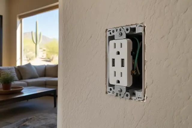 USB outlets installed in a residential living room wall in Phoenix, AZ.