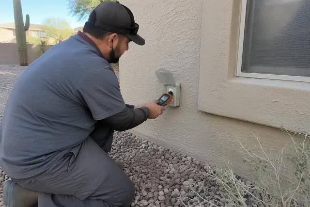 Contractor testing an outlet during an electrical safety inspection at a home in Phoenix, AZ.