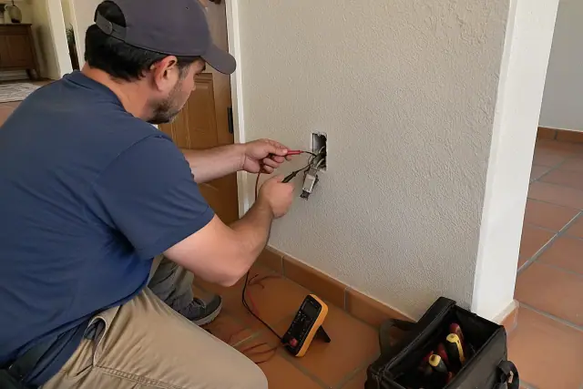 Contractor performing a home electrical safety inspection in Phoenix, AZ, with an unpowered testing device.