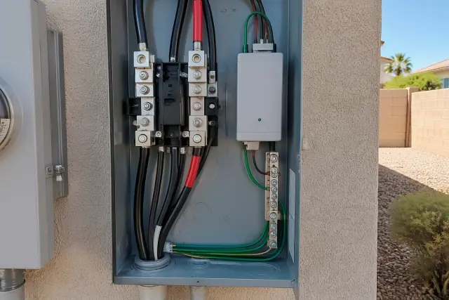 Whole-home surge protection module wired in an electrical box in Chandler, AZ.