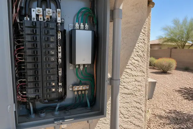 Whole-home surge protection wiring in Phoenix, AZ with grounding conductors connected to terminal blocks.
