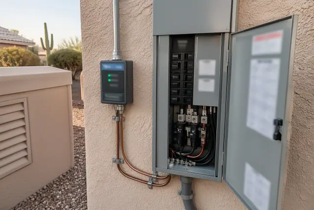 Whole-home surge protection installation on a stucco exterior in Phoenix, AZ.