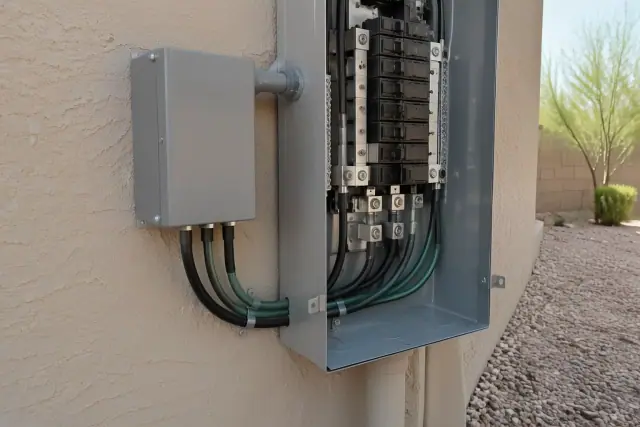 Surge protection device mounted next to an electrical panel with heavy conductors in Phoenix, AZ.