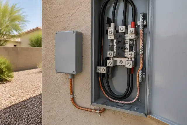 Whole-home surge protection device mounted beside an electrical service panel in Goodyear, AZ.