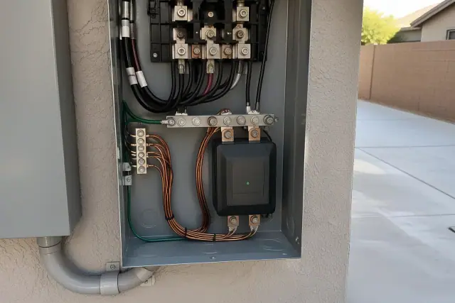 Whole-home surge protection device mounted inside an electrical panel on a stucco wall in Mesa, AZ.