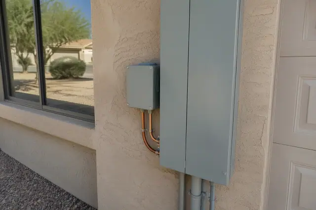 Compact whole-home surge protection module wired beside an electrical panel in Glendale, AZ.