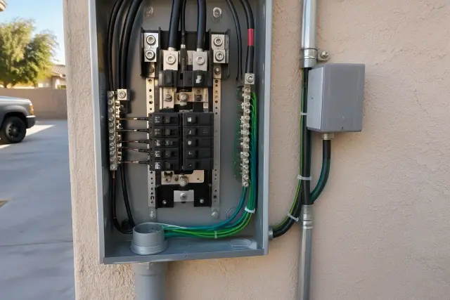 Surge protection device wired beside an electrical panel on a stucco home in Avondale, AZ.