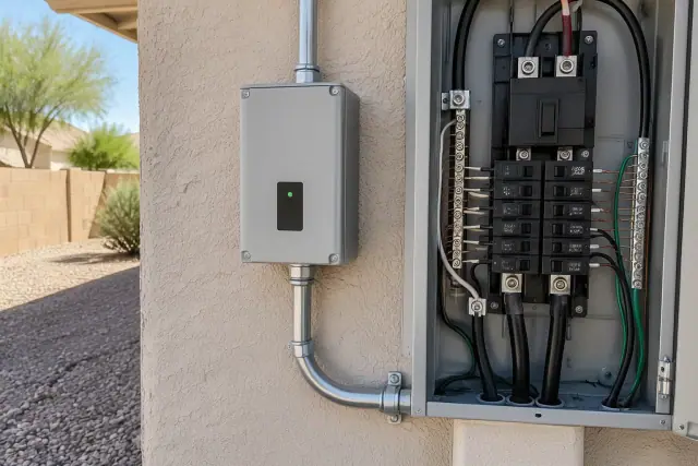 Whole-home surge protection unit wired next to an electrical panel in Tempe, AZ.
