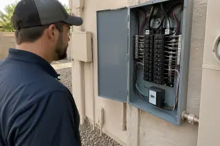 Service professional inspecting a completed surge protection installation on a stucco wall in Phoenix, AZ.