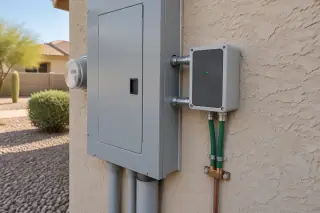 Whole-home surge protection module mounted beside an electrical panel in Phoenix, AZ.