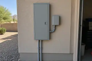 Closed residential electrical service panel and surge protector on a stucco garage wall in Phoenix, AZ.