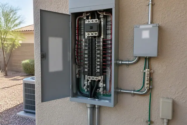 Whole-house electrical panel and surge protection upgrade on a stucco wall in Phoenix, AZ.